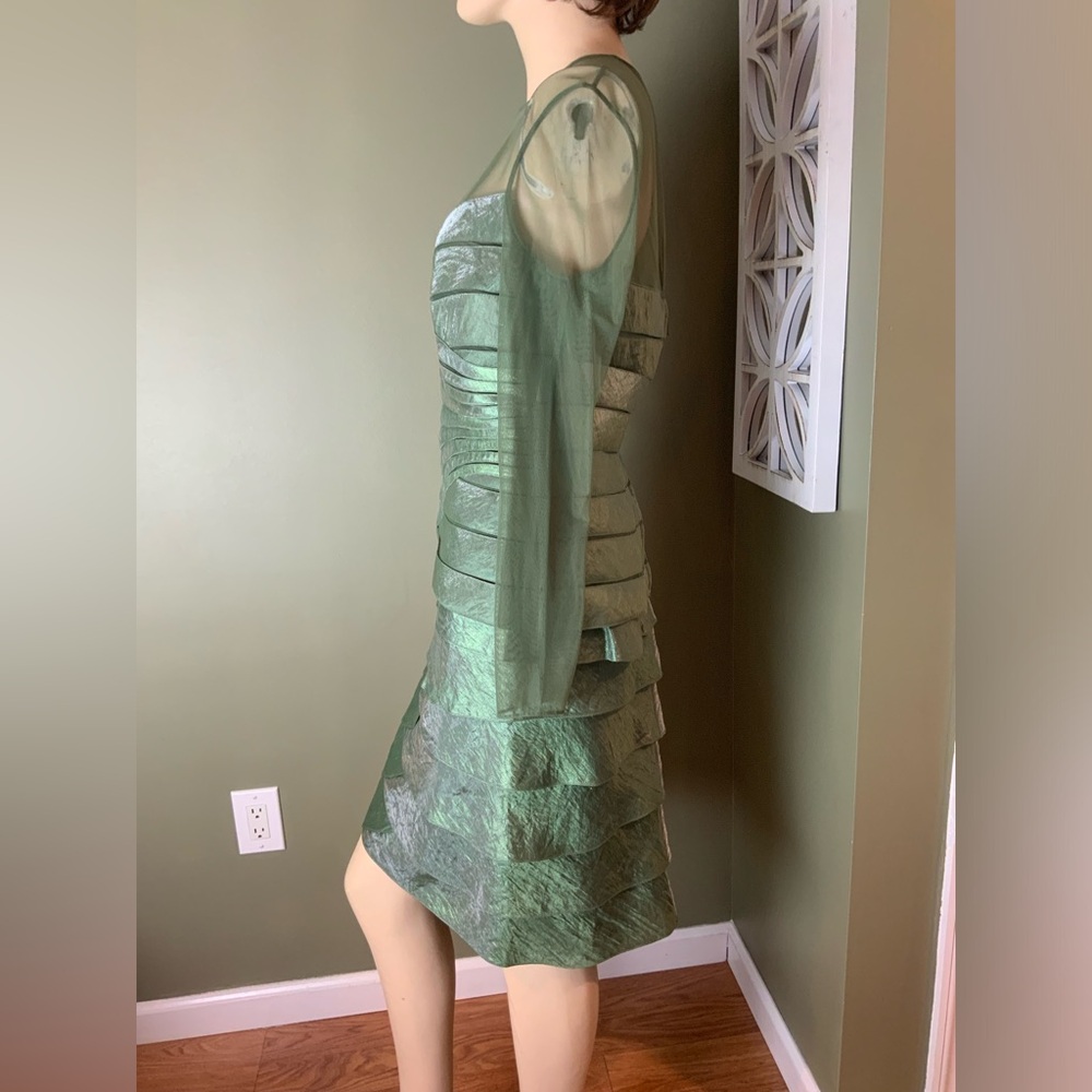 Adrianna Papell Green Sheer-Overlay Tiered Cocktail Mermaid Dress Set NWOT - Picture 3 of 11